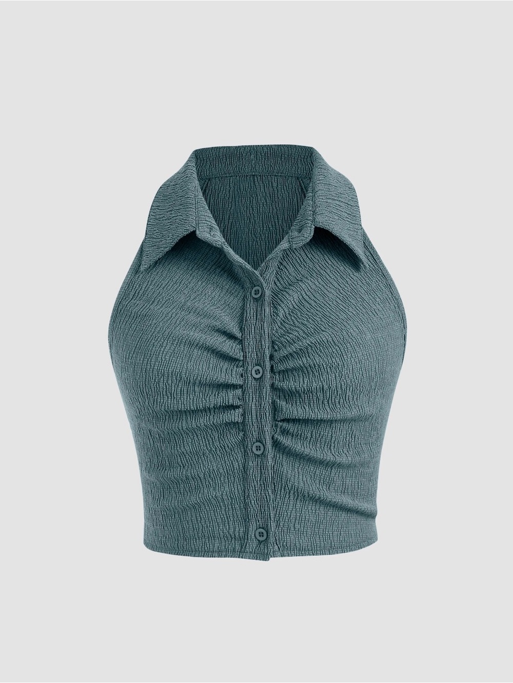 Cider Textured Halter Collar Crop Top in Teal Green